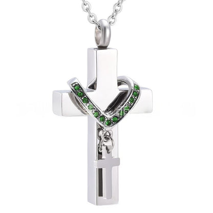 May,Stainless steel cross urn pendant with  birthstone crystal accents, memorial cremation jewelry