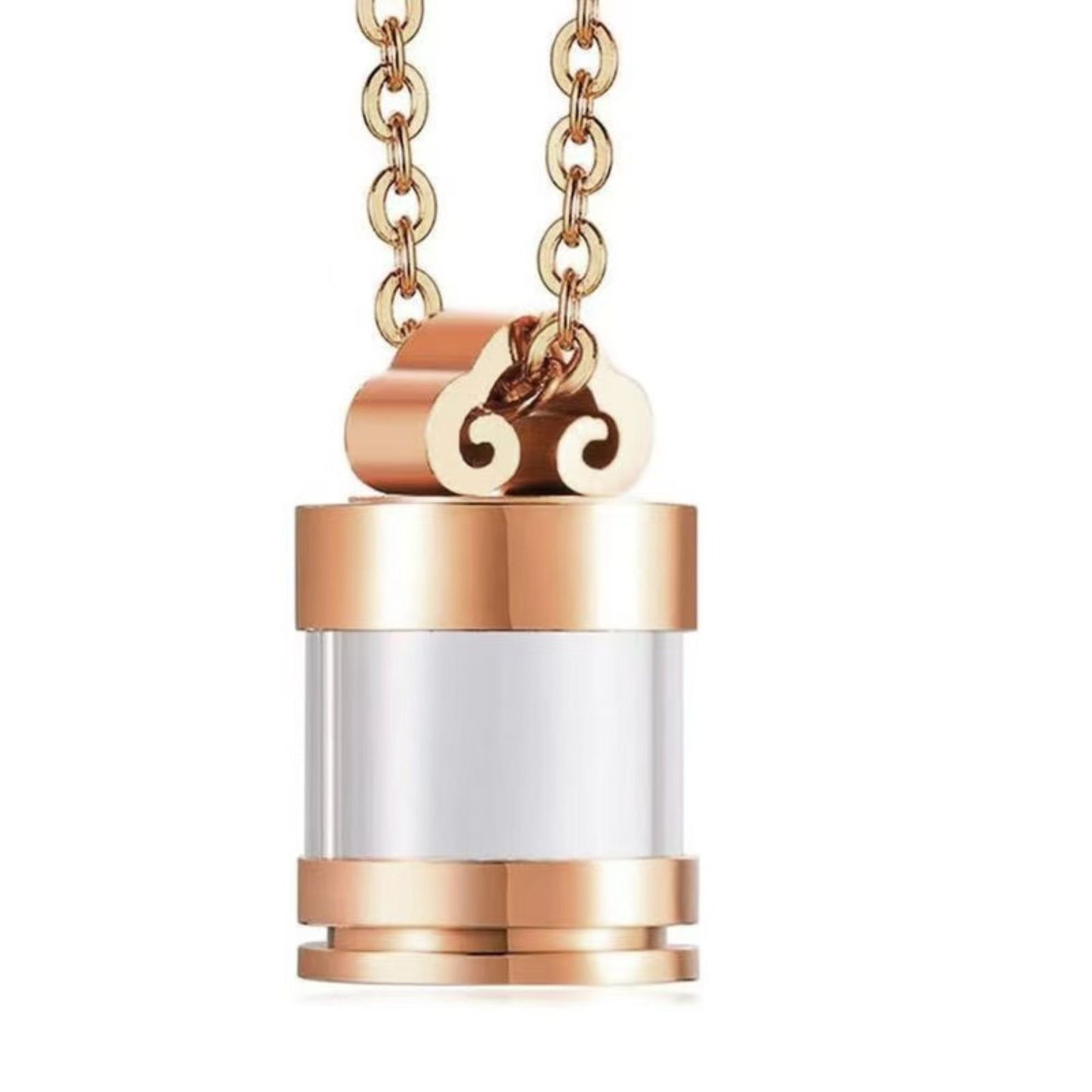 Rose Glod clear glass urn necklace pendant front view minimal cylinder memorial design