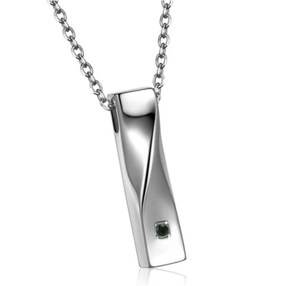 Birthstone color example (May) crystal on twisted stainless steel bar urn necklace
