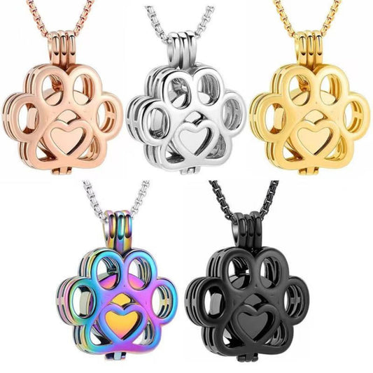 Hollow paw print urn necklace in five colors (silver, gold, rose gold, black, rainbow), openable pet memorial keepsake pendant