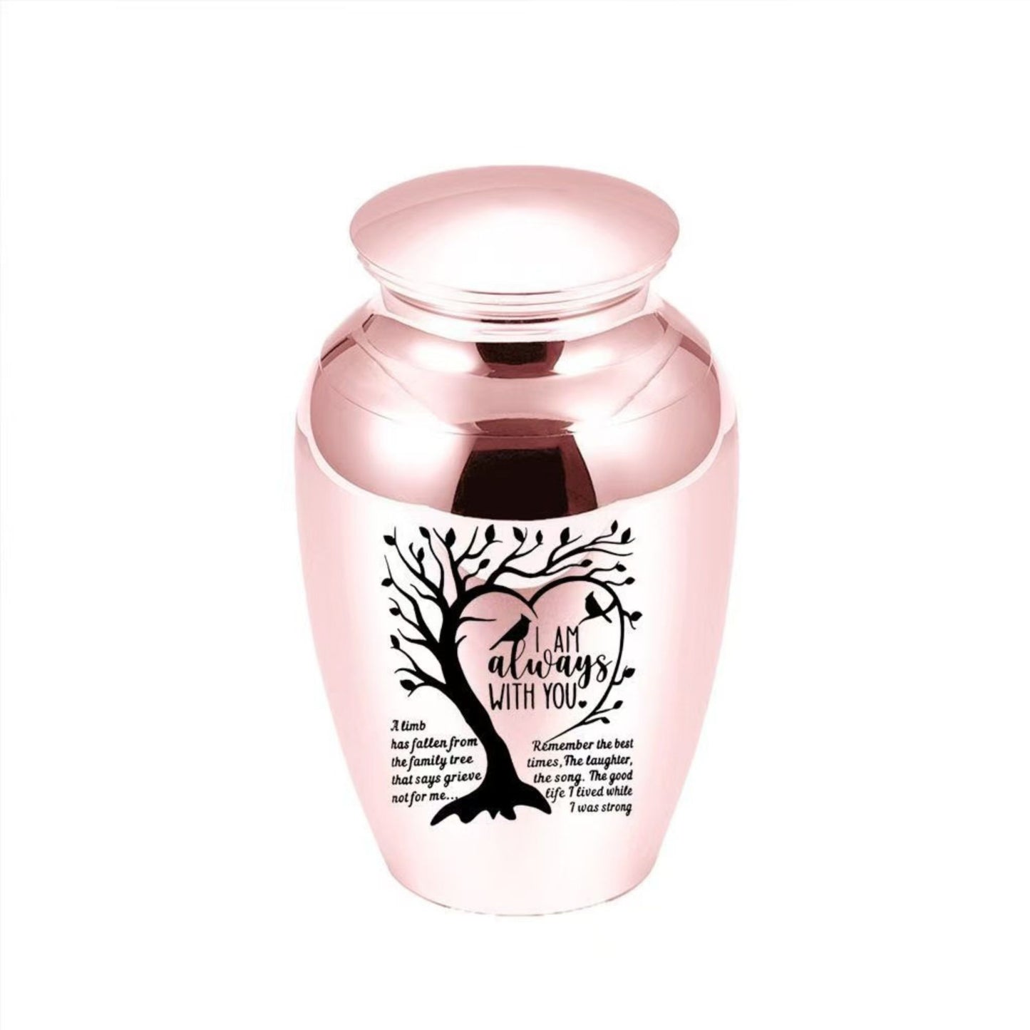 Rose gold “I Am Always With You” Tree of Life heart engraved mini pet keepsake urn on white background