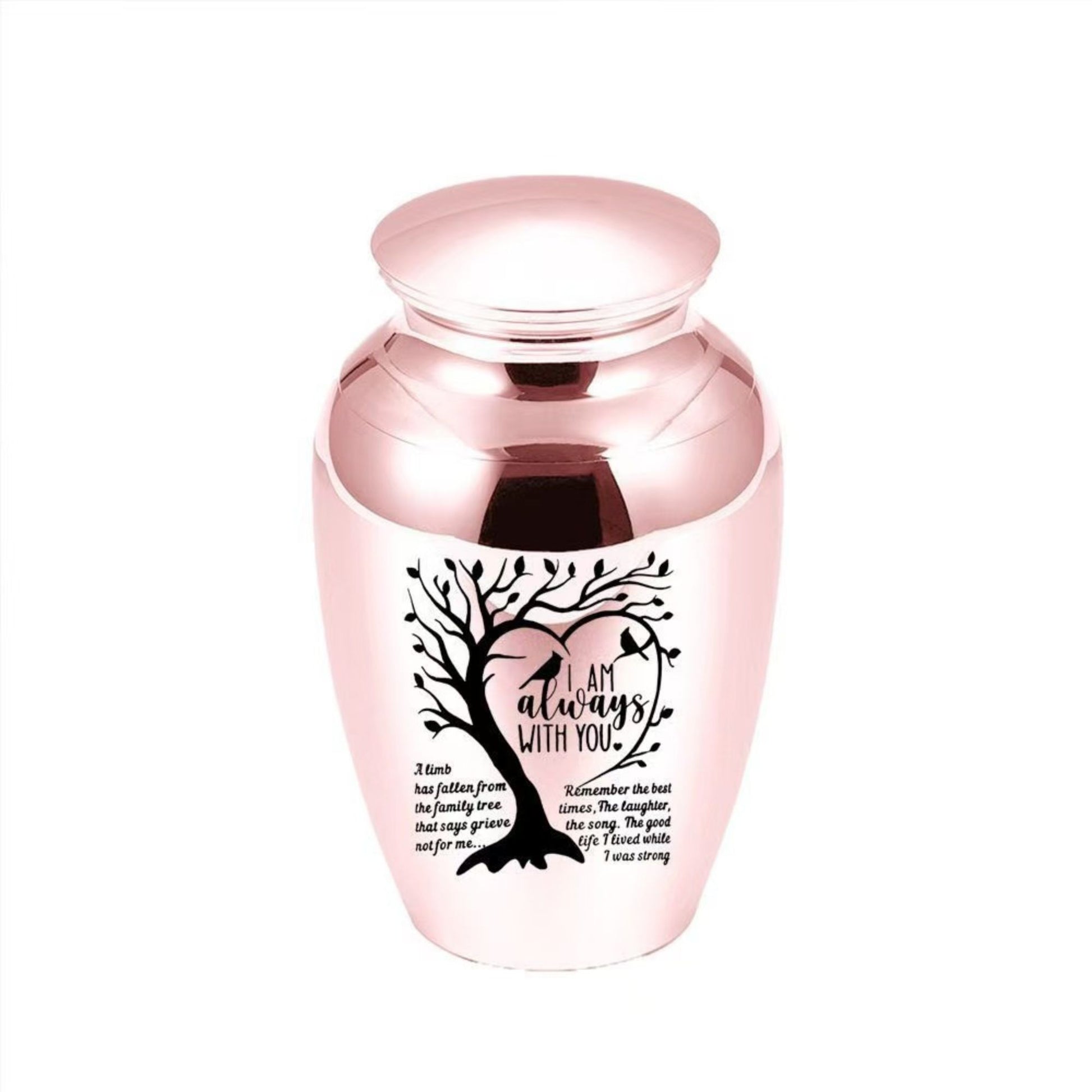 Rose gold “I Am Always With You” Tree of Life heart engraved mini pet keepsake urn on white background