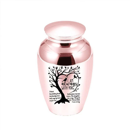 Rose gold “I Am Always With You” Tree of Life heart engraved mini pet keepsake urn on white background