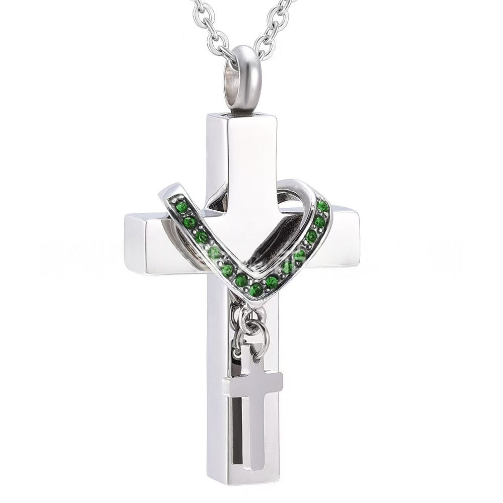 Stainless Steel Cross Urn Necklace – 12 Birthstone Crystal Cross Pendant, Memorial Cremation Jewelry (22" Chain)