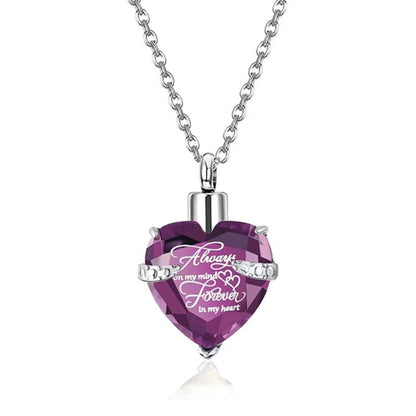 February： Birthstone heart crystal urn necklace pendant on chain, memorial keepsake jewelry for pet loss