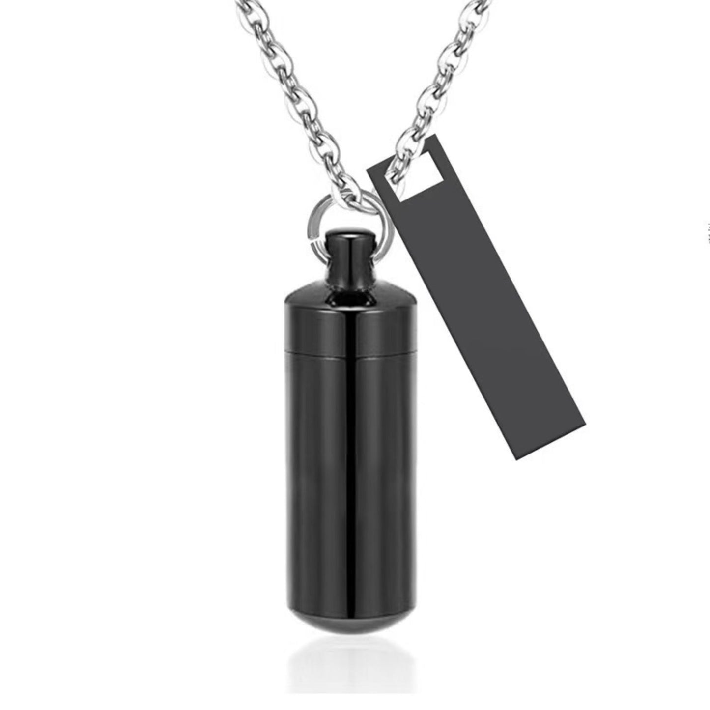 Black alloy capsule pet urn necklace with matching black tag on silver chain front view