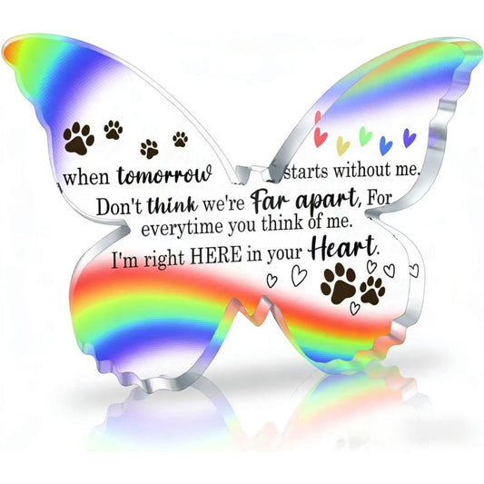 "Rainbow Bridge tribute acrylic plaque with butterfly shape and emotional message for dog grieving gift"