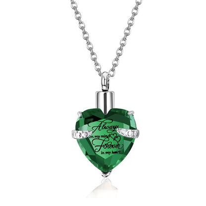 Heart Birthstone Crystal Urn Necklace – Stainless Steel Memorial Keepsake Pendant with Funnel Kit, 12 Color Options, 55cm Chain