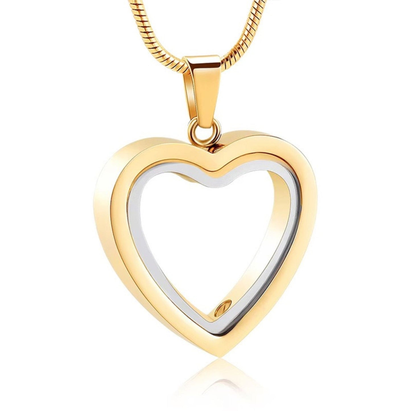Gold stainless steel heart memorial urn necklace pendant on chain, minimalist outline design