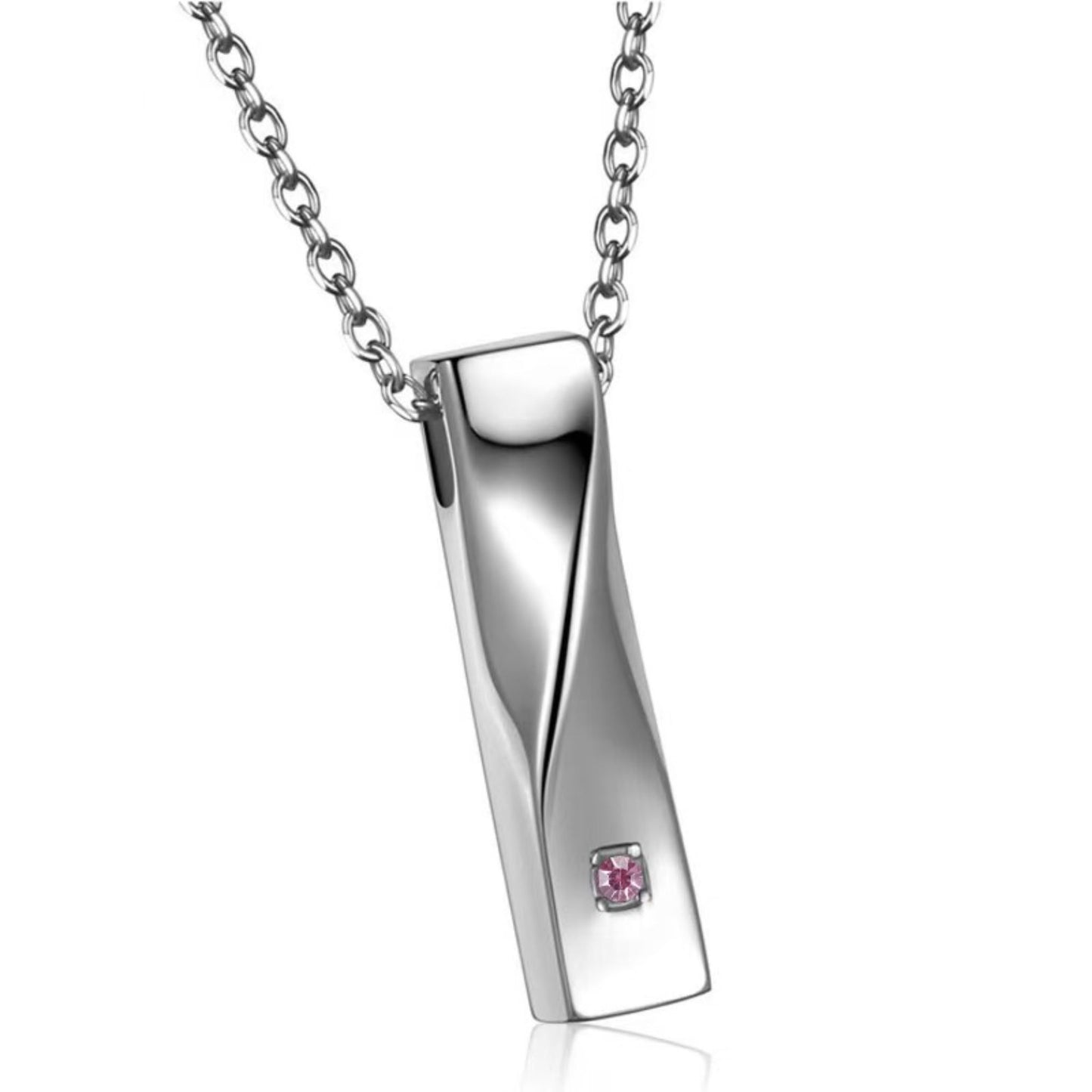 Birthstone color example (June) crystal on twisted stainless steel bar urn necklace