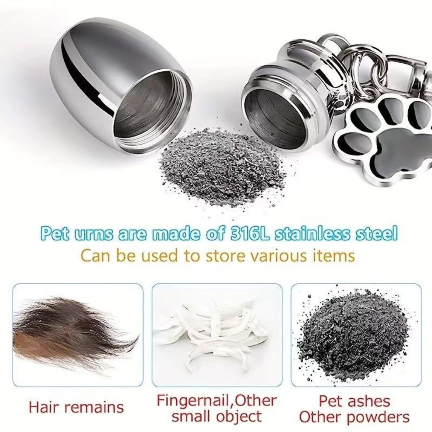 Open stainless steel pet urn keychain compartment showing cremation ashes storage and examples of keepsake use