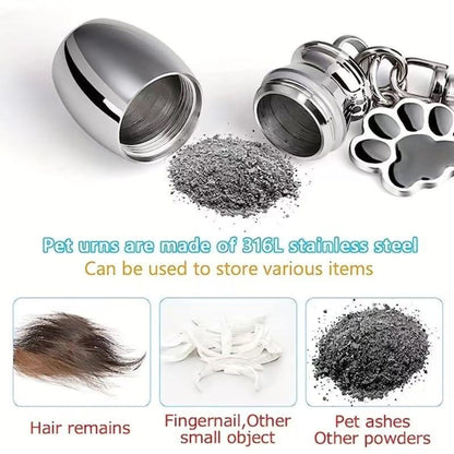 Open stainless steel pet urn keychain compartment showing cremation ashes storage and examples of keepsake use