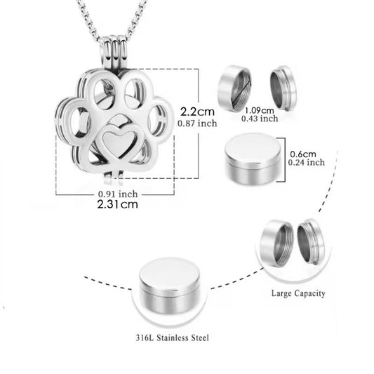 Size details of hollow paw print urn pendant necklace showing 2.2 cm height and 2.31 cm width, 316L stainless steel openable keepsake design