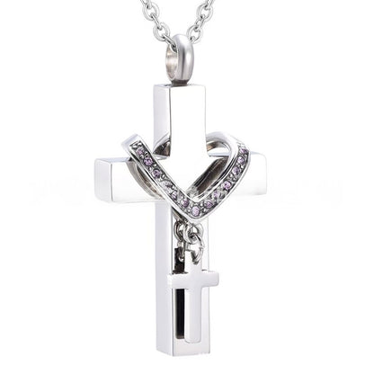 June,Stainless steel cross urn pendant with  birthstone crystal accents, memorial cremation jewelry