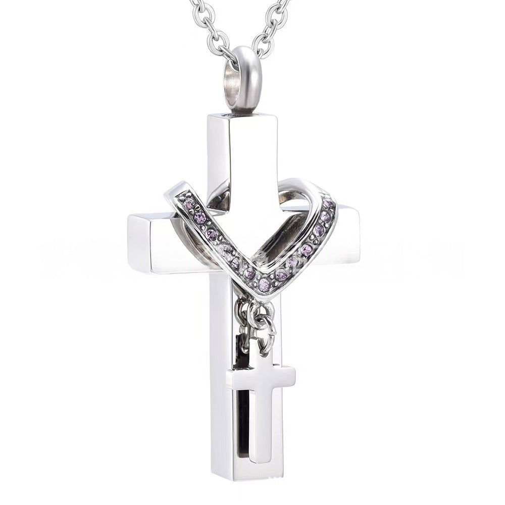 Stainless Steel Cross Urn Necklace – 12 Birthstone Crystal Cross Pendant, Memorial Cremation Jewelry (22" Chain)