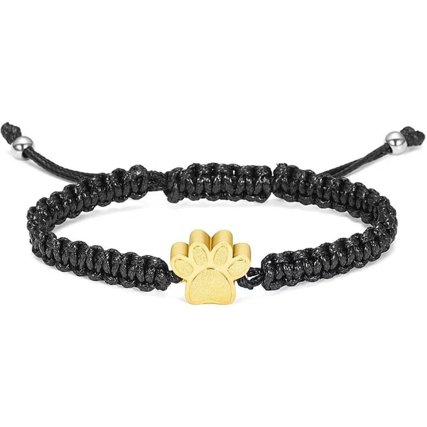 Gold paw print urn bracelet for ashes braided cord stainless steel charm