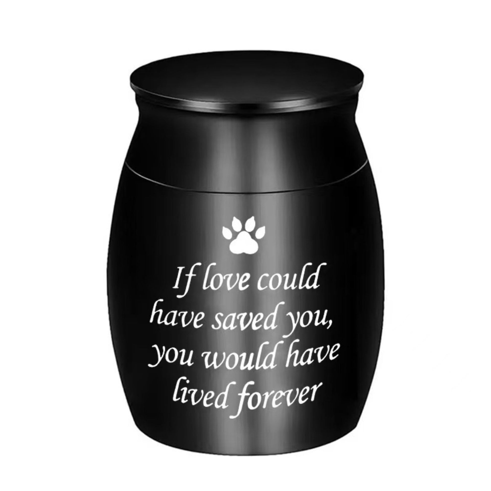 Black “If love could have saved you…” paw print engraved mini pet memorial urn on white background