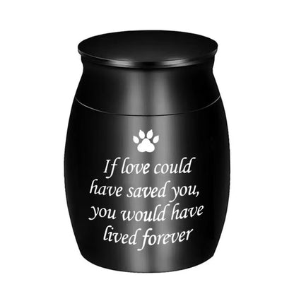 Black “If love could have saved you…” paw print engraved mini pet memorial urn on white background