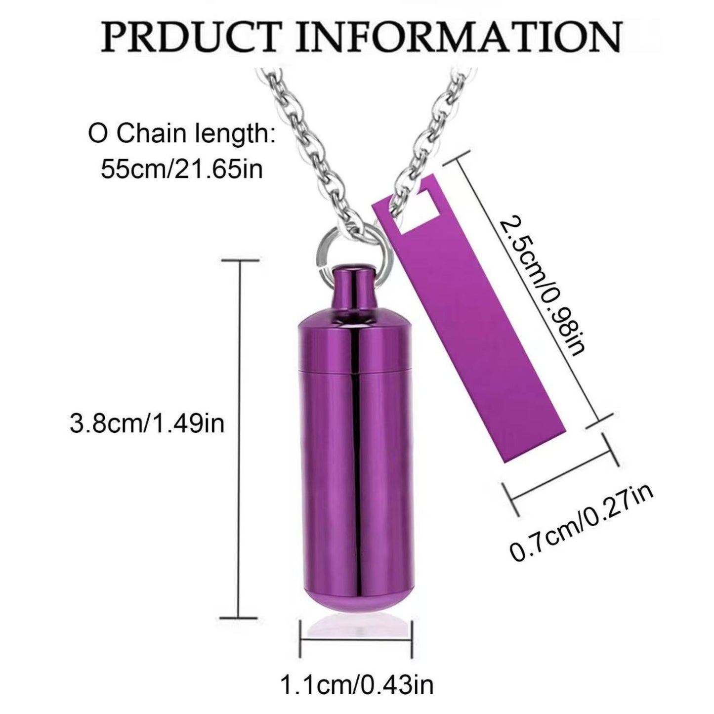 Product size chart: 55cm chain, 3.8cm capsule, 2.5cm tag, 1.1cm width measurements