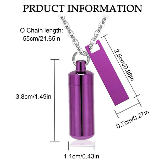 Product size chart: 55cm chain, 3.8cm capsule, 2.5cm tag, 1.1cm width measurements