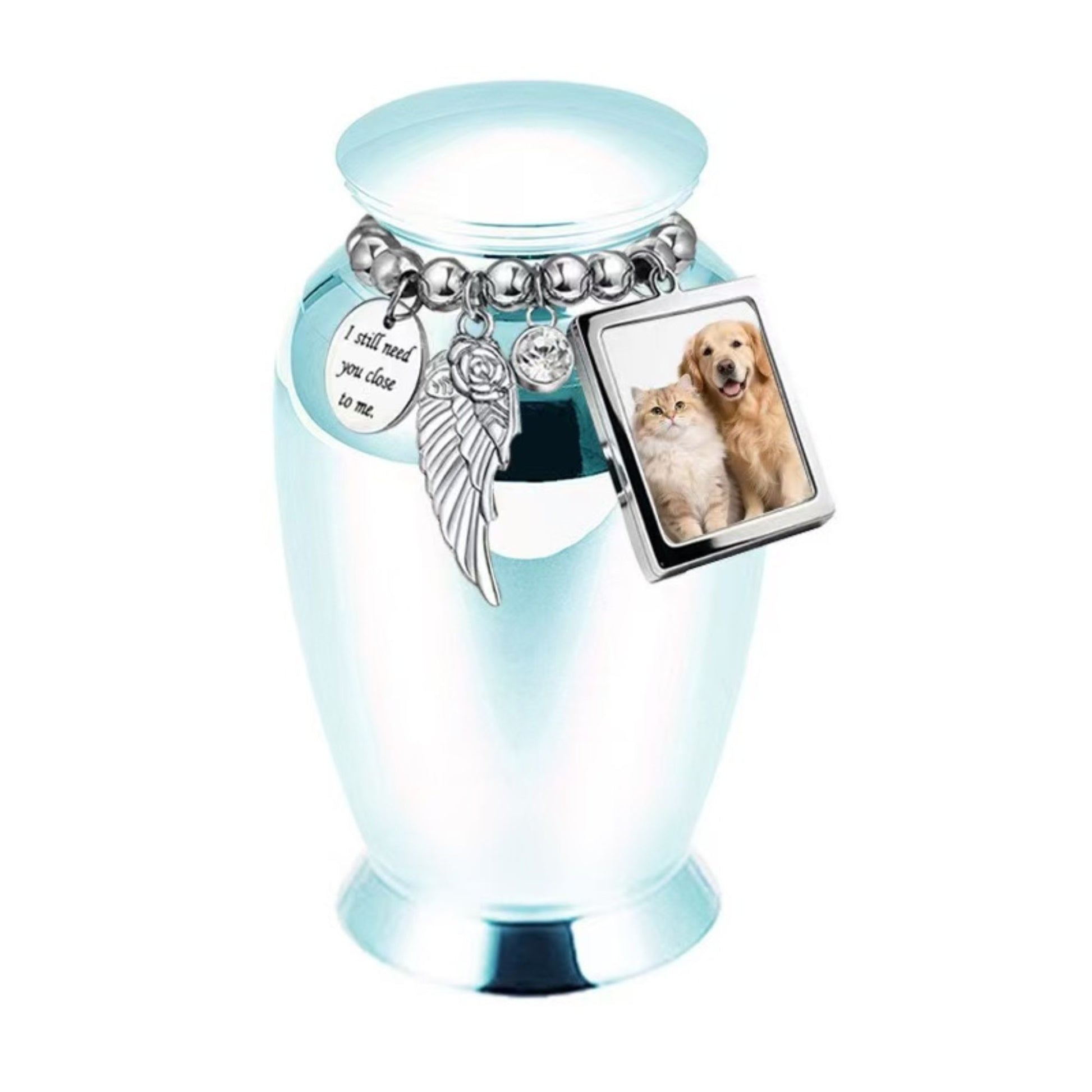 Sky Blue pet keepsake urn with photo frame charm and memorial charm bracelet for ashes or fur