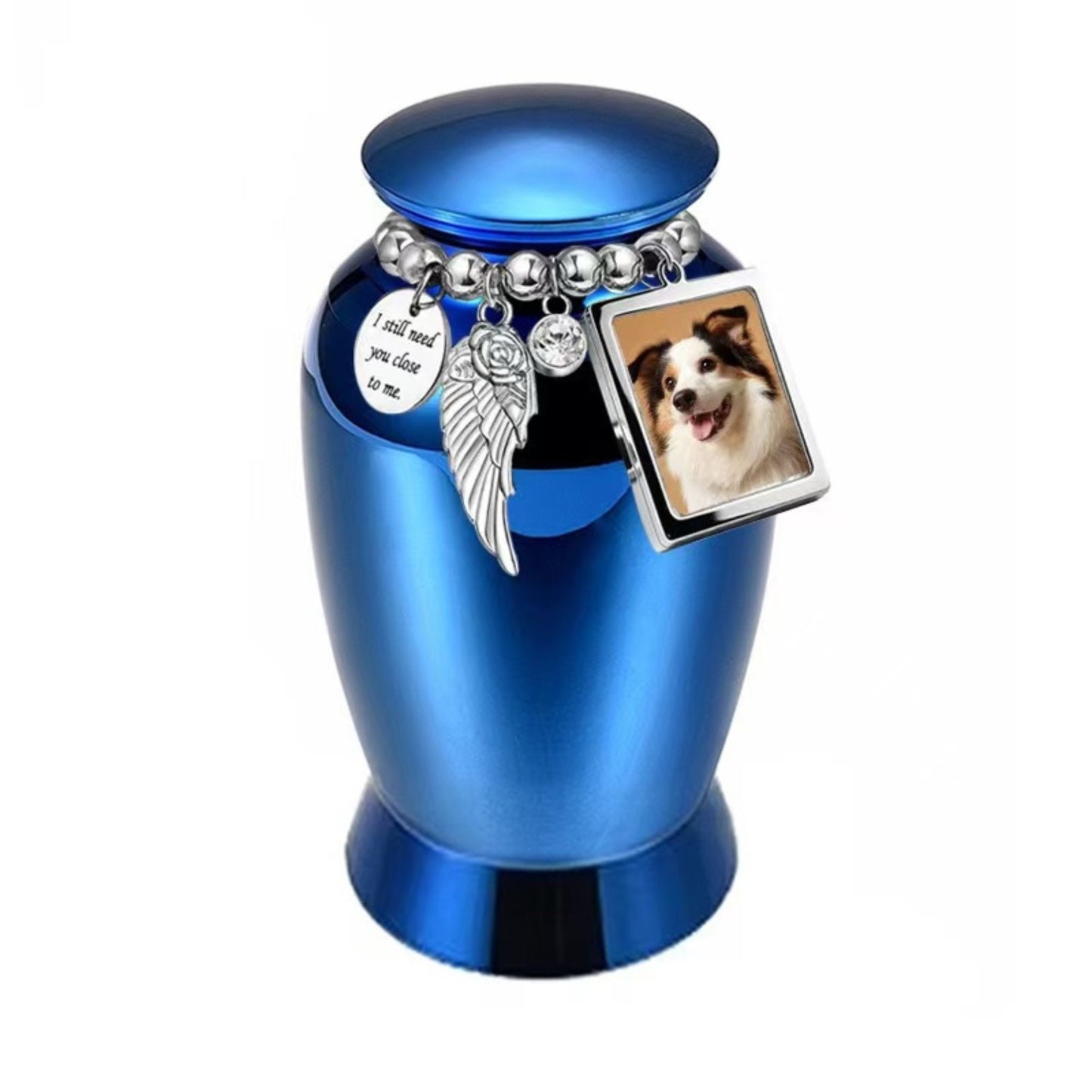 Blue pet keepsake urn with photo frame charm and memorial charm bracelet for ashes or fur