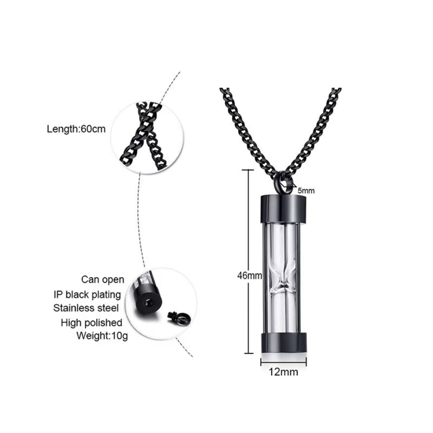Black hourglass urn necklace size details—46mm pendant, 12mm width, 60cm chain, 5mm bail, 10g.
