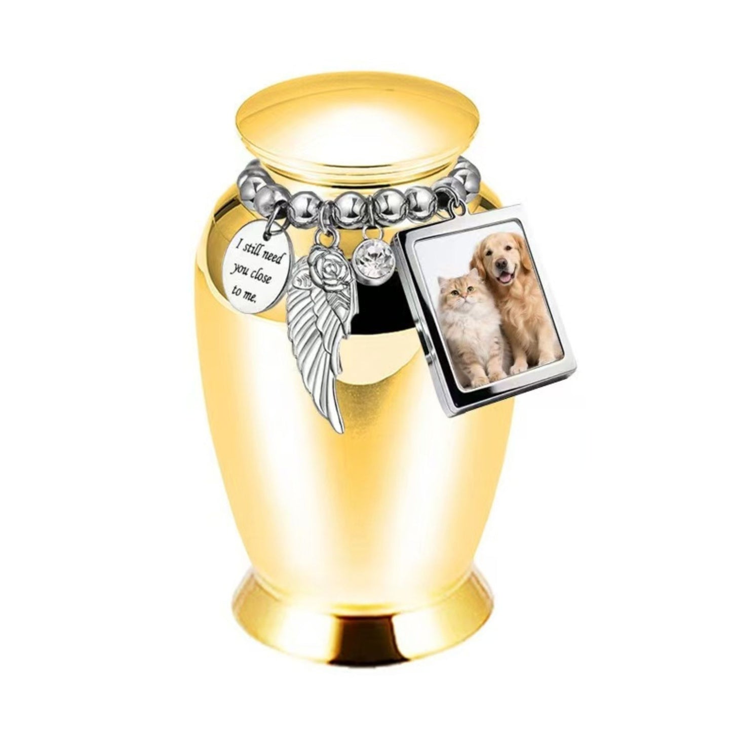 Gold pet keepsake urn with photo frame charm and memorial charm bracelet for ashes or fur