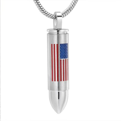 American flag bullet urn necklace in 316L stainless steel with chain