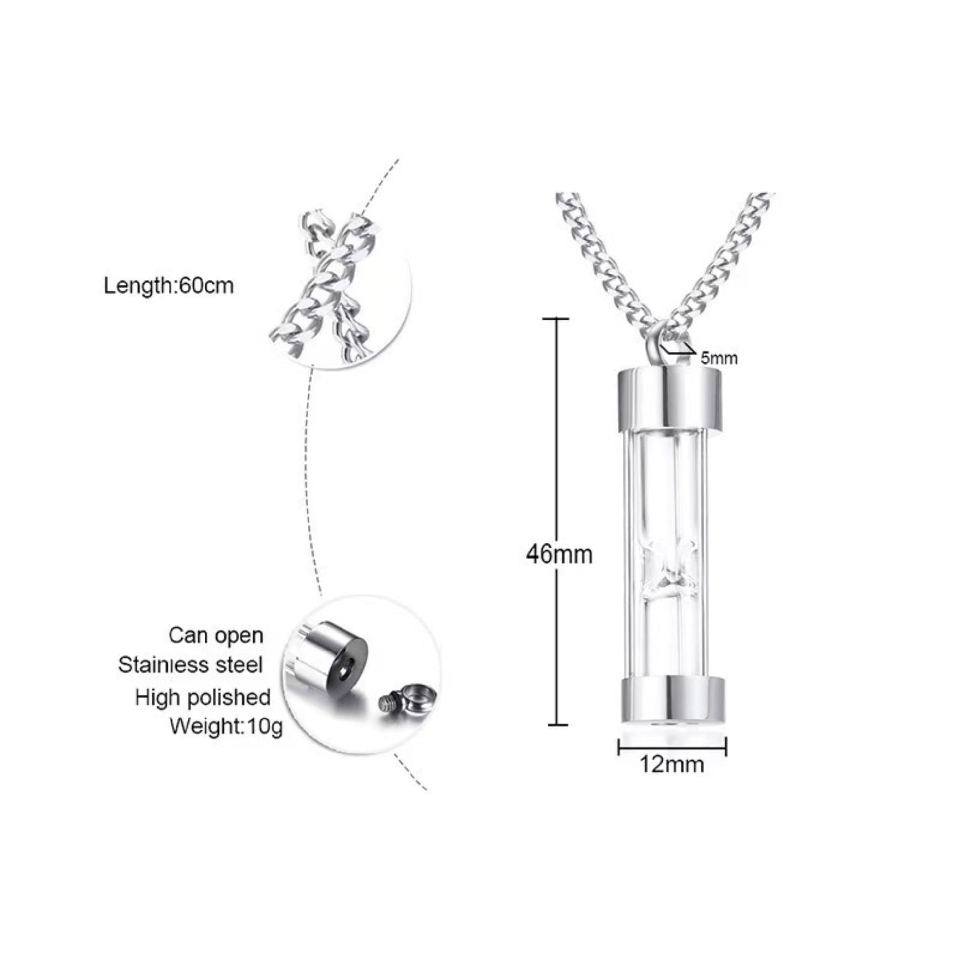 Silver hourglass urn necklace size details—46mm pendant, 12mm width, 60cm chain, 5mm bail, 10g.