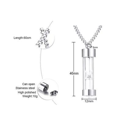 Silver hourglass urn necklace size details—46mm pendant, 12mm width, 60cm chain, 5mm bail, 10g.