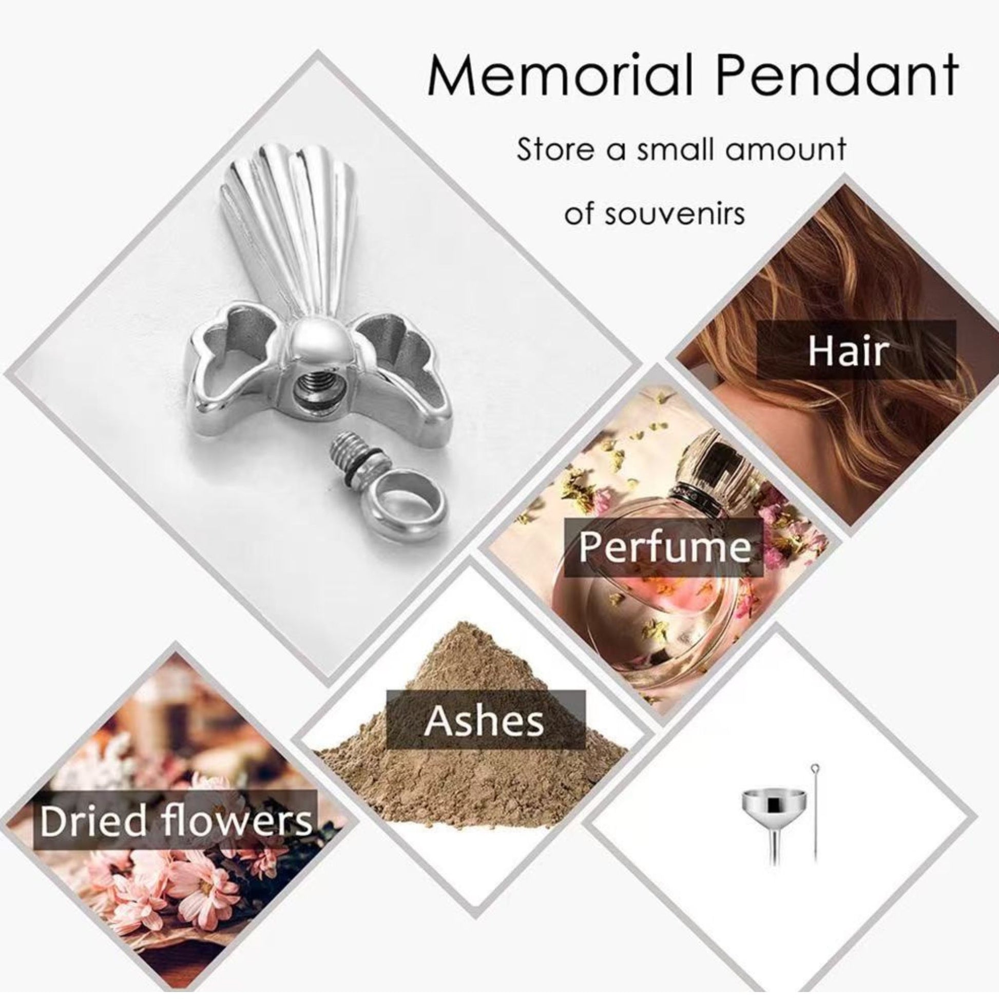 Memorial pendant for storing a small amount of ashes, hair, dried flowers, or perfume with funnel tool
