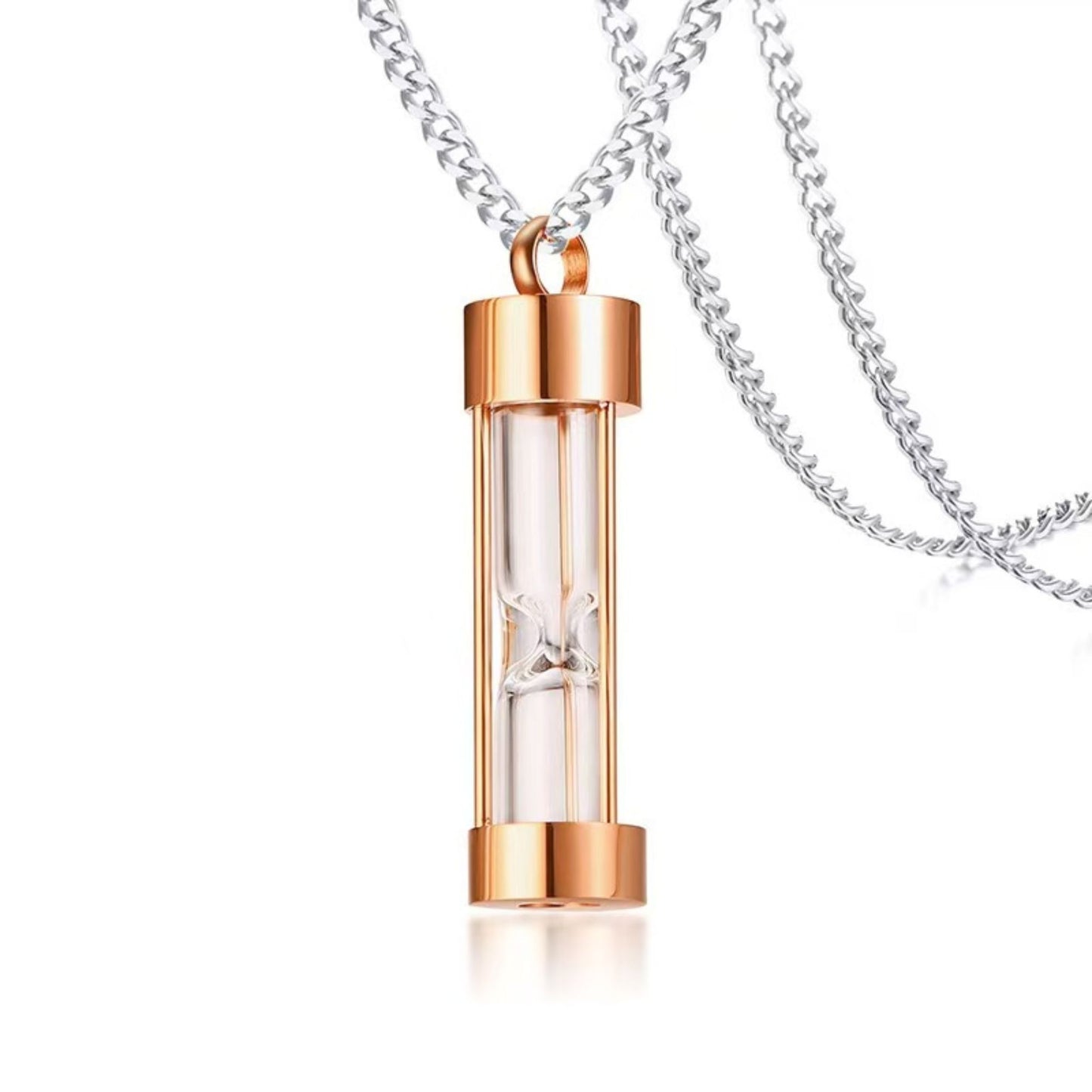 Gold hourglass urn necklace size details—46mm pendant, 12mm width, 60cm chain, 5mm bail, 10g.