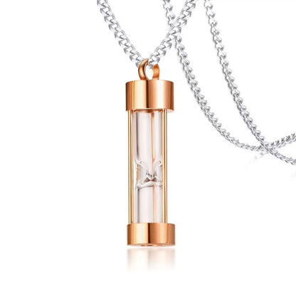 Gold hourglass urn necklace size details—46mm pendant, 12mm width, 60cm chain, 5mm bail, 10g.