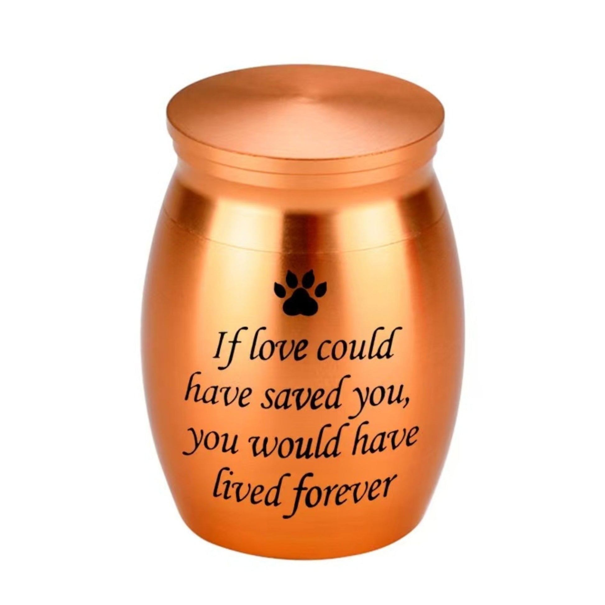 Gold “If love could have saved you…” paw print engraved mini pet memorial urn on white background