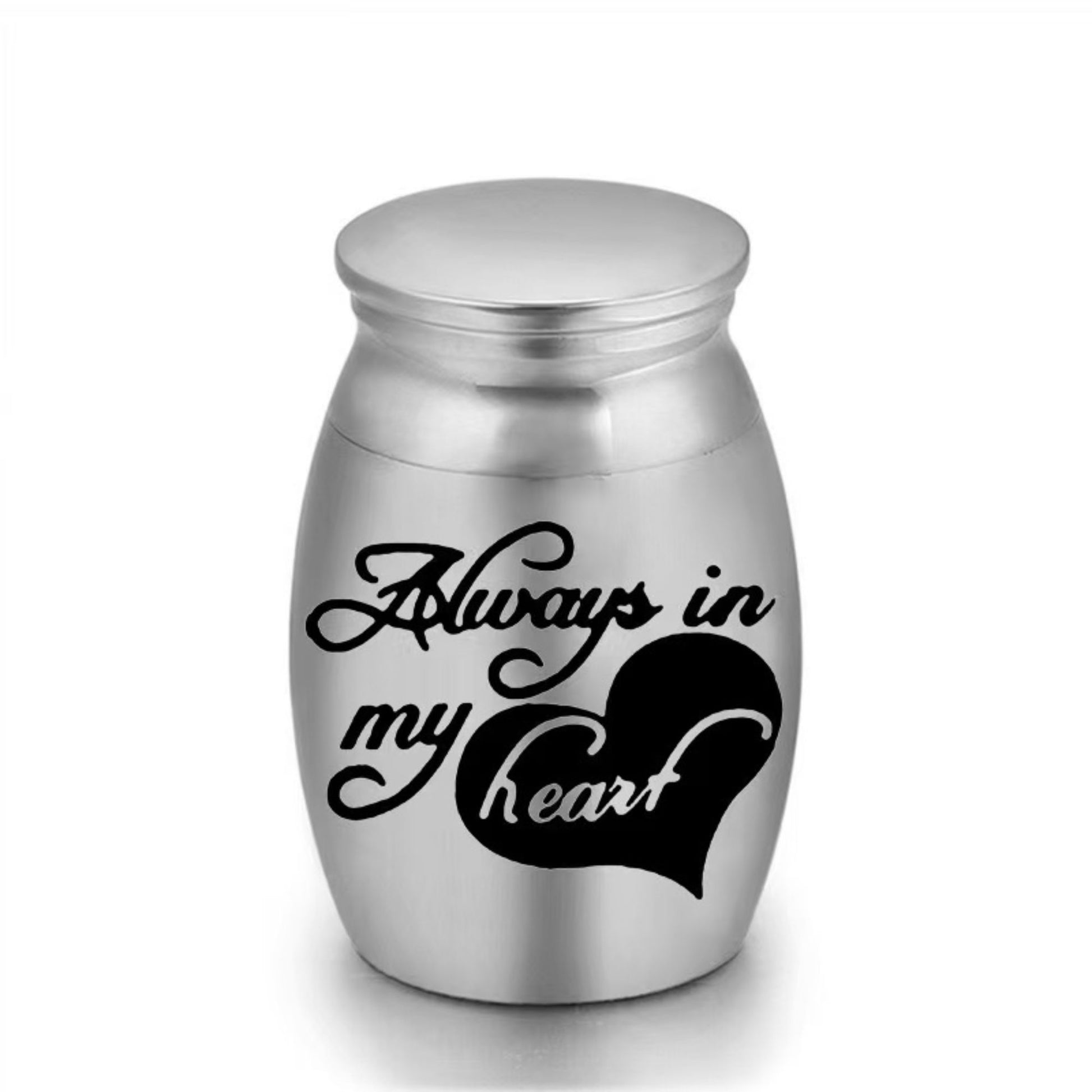 Close-up of stainless steel mini pet keepsake urn with always in my heart design