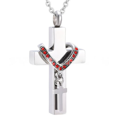 Stainless Steel Cross Urn Necklace – 12 Birthstone Crystal Cross Pendant, Memorial Cremation Jewelry (22" Chain)