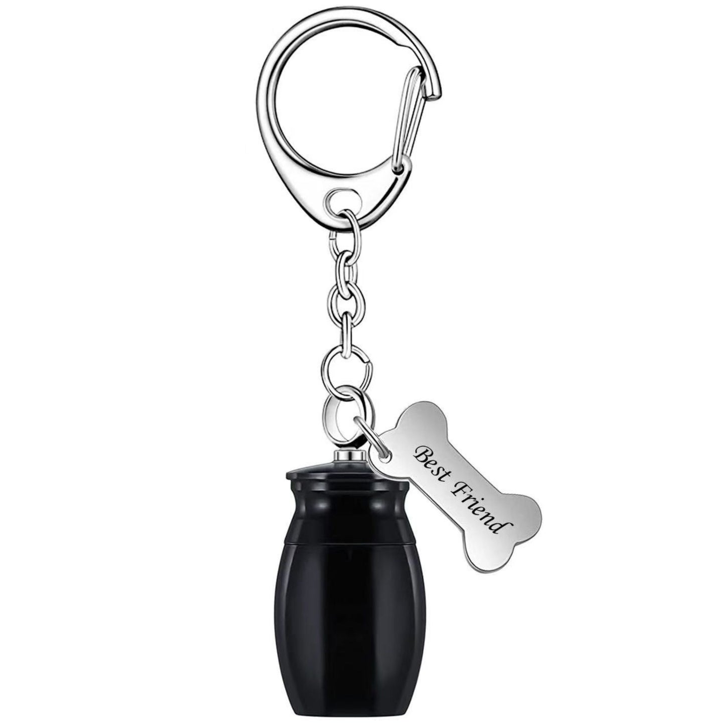 Single blue mini pet memorial urn keychain on white background with bone charm and lobster clasp keyring.