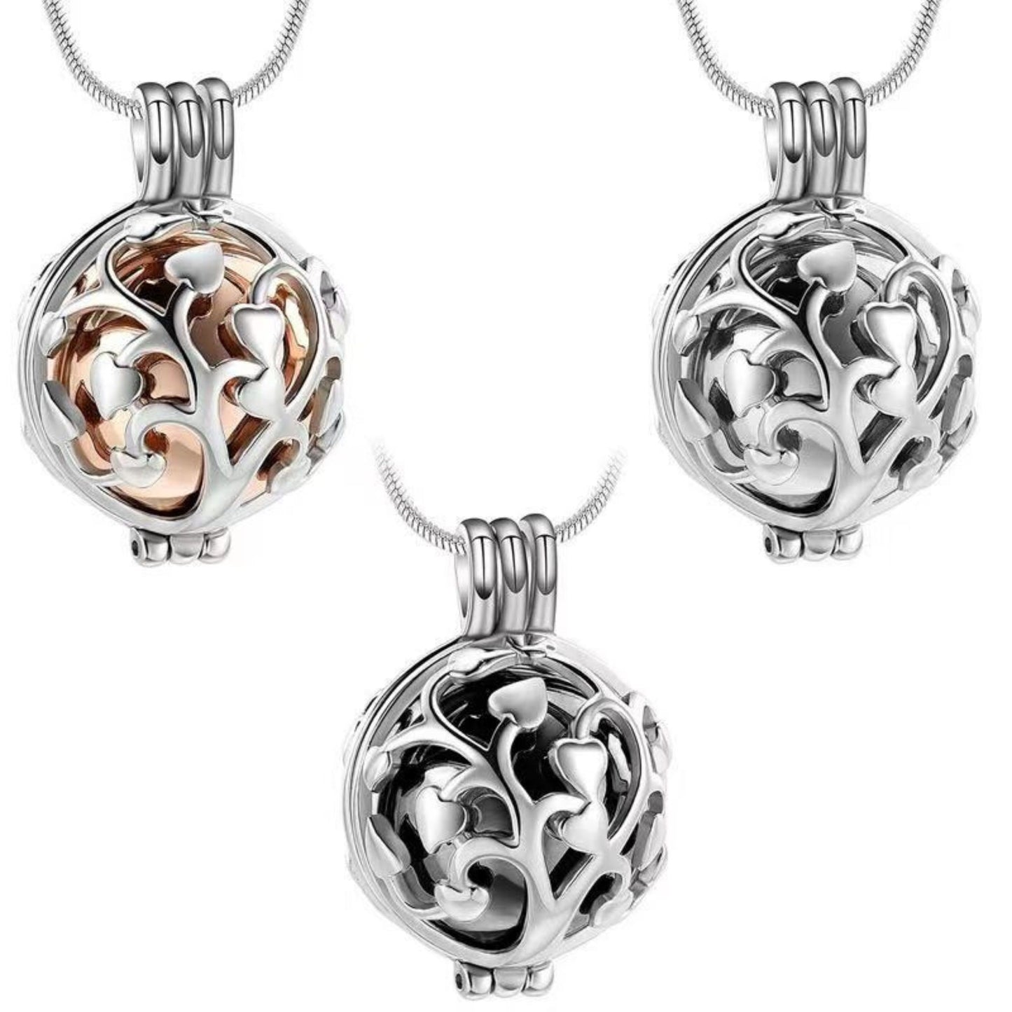 Tree of Life urn necklace displayed open with inner keepsake container parts on a white background