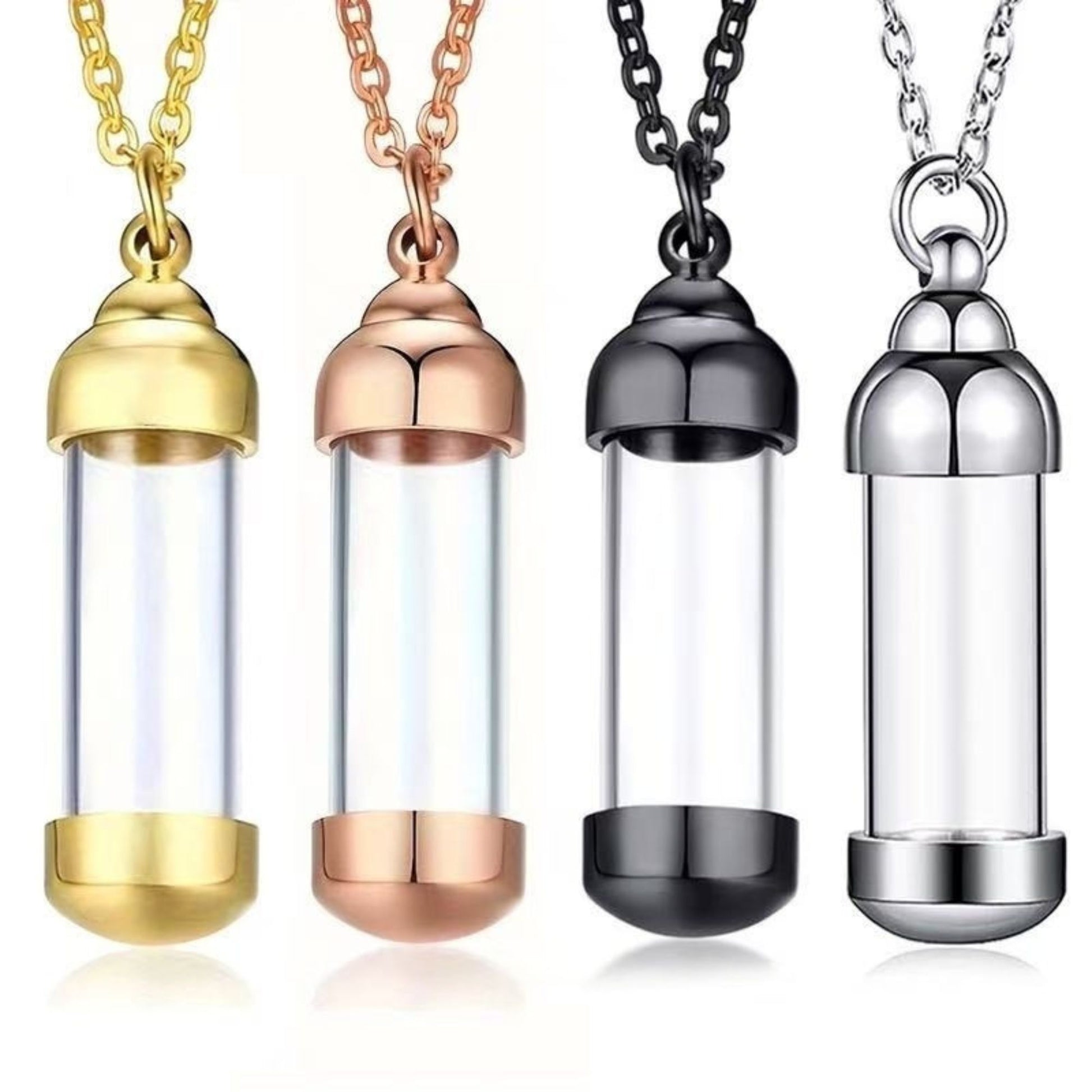 Four-color clear tube pet memorial urn necklaces in gold, rose gold, black, and silver on chains