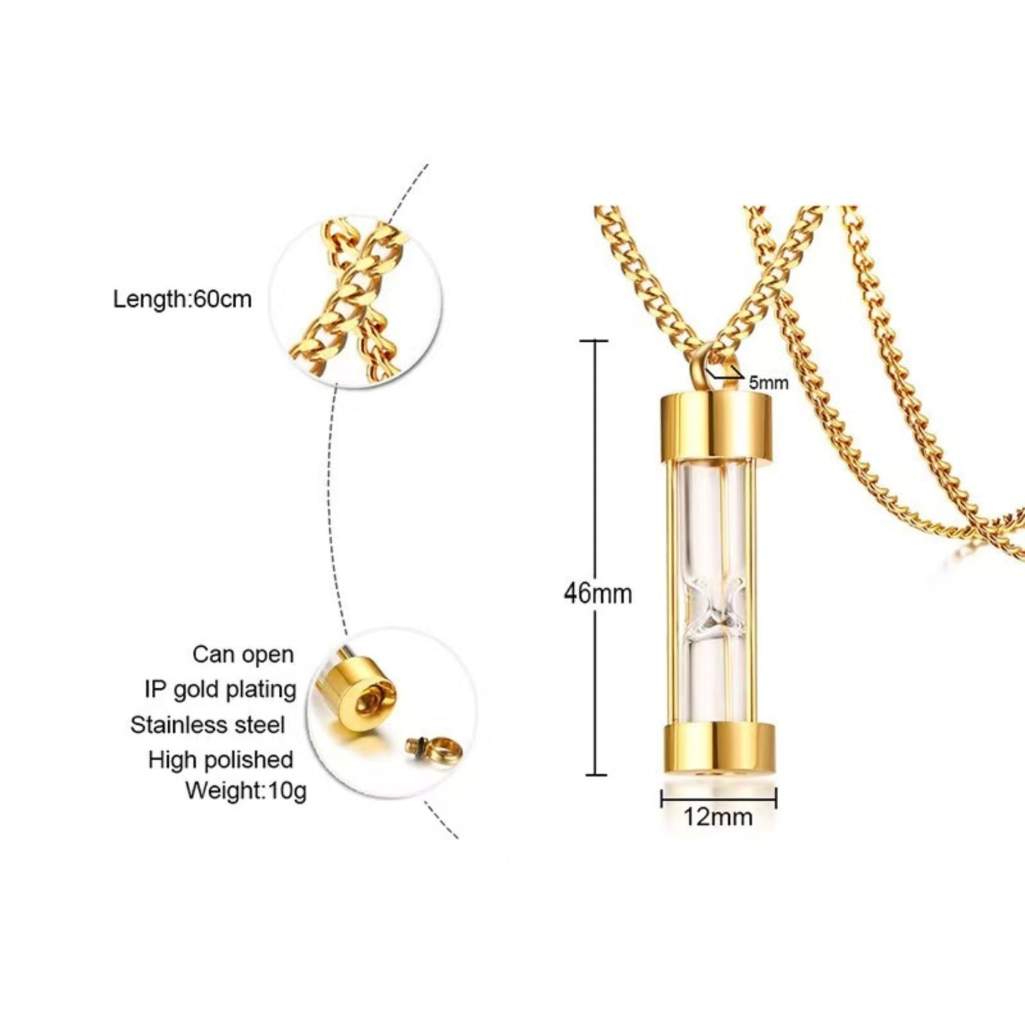 Gold hourglass urn necklace size details—46mm pendant, 12mm width, 60cm chain, 5mm bail, 10g.