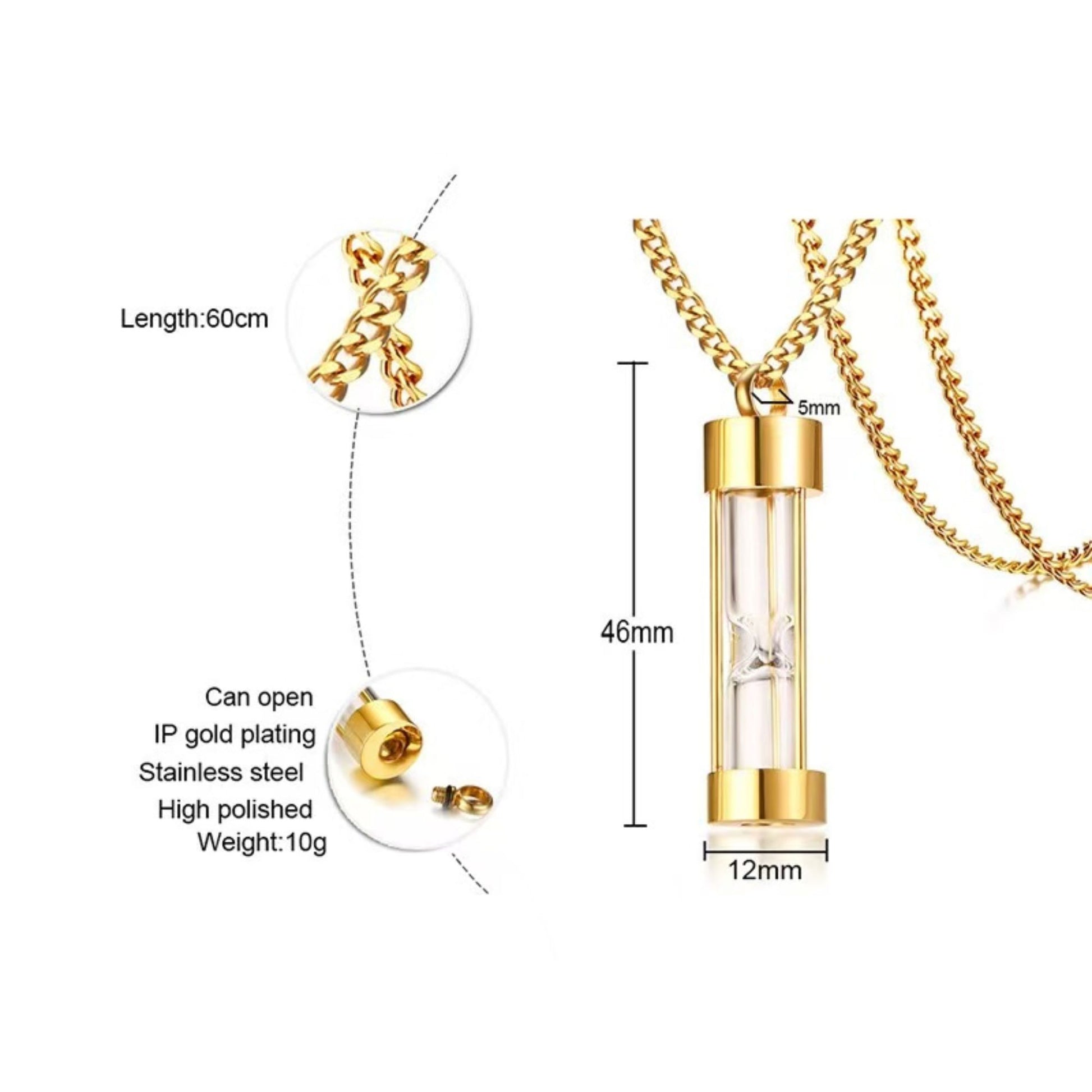 Gold hourglass urn necklace size details—46mm pendant, 12mm width, 60cm chain, 5mm bail, 10g.