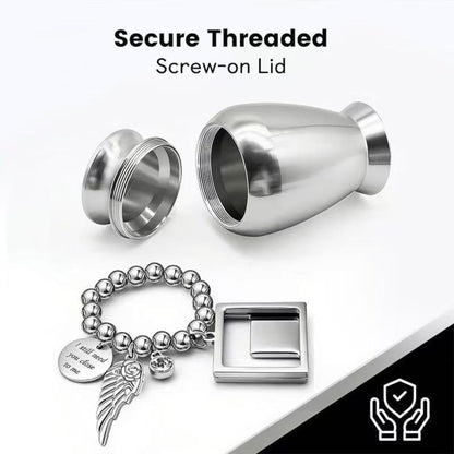 Threaded screw-on lid and memorial charm set with mini photo frame, angel wing, and message disc