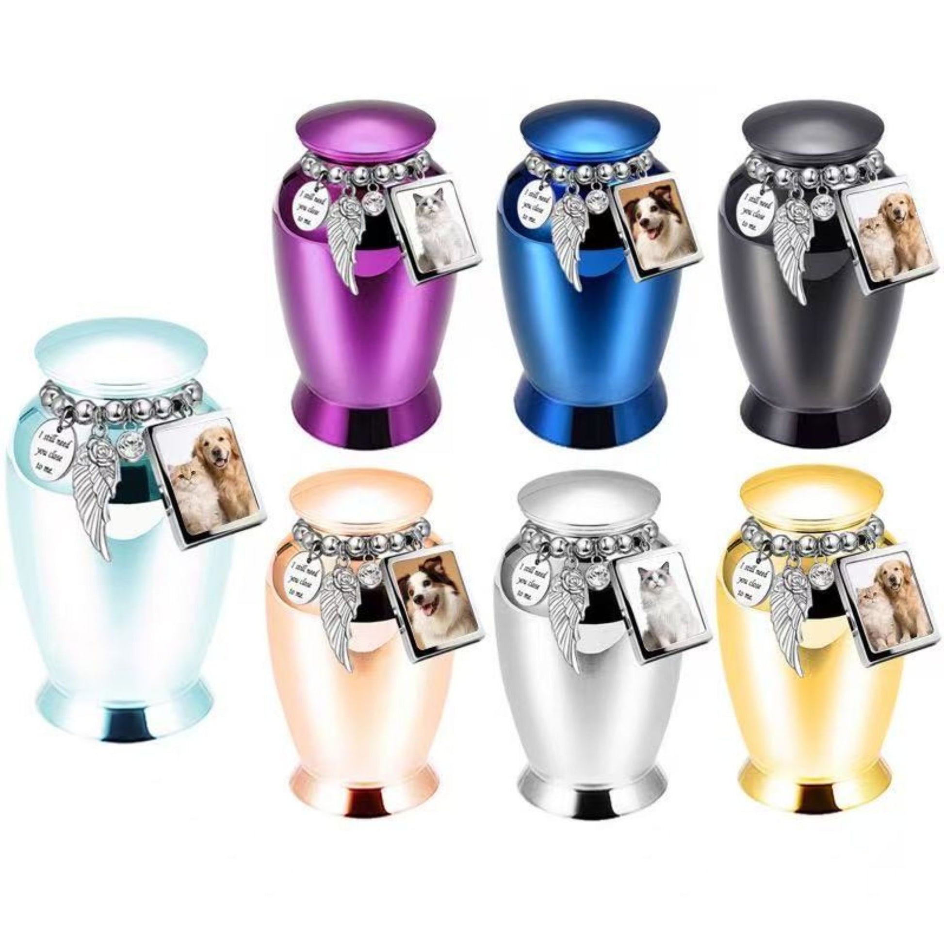 Seven-color pet keepsake urn set with photo frame charm, angel wing, and crystal charm