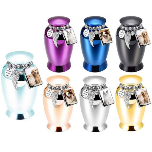Seven-color pet keepsake urn set with photo frame charm, angel wing, and crystal charm