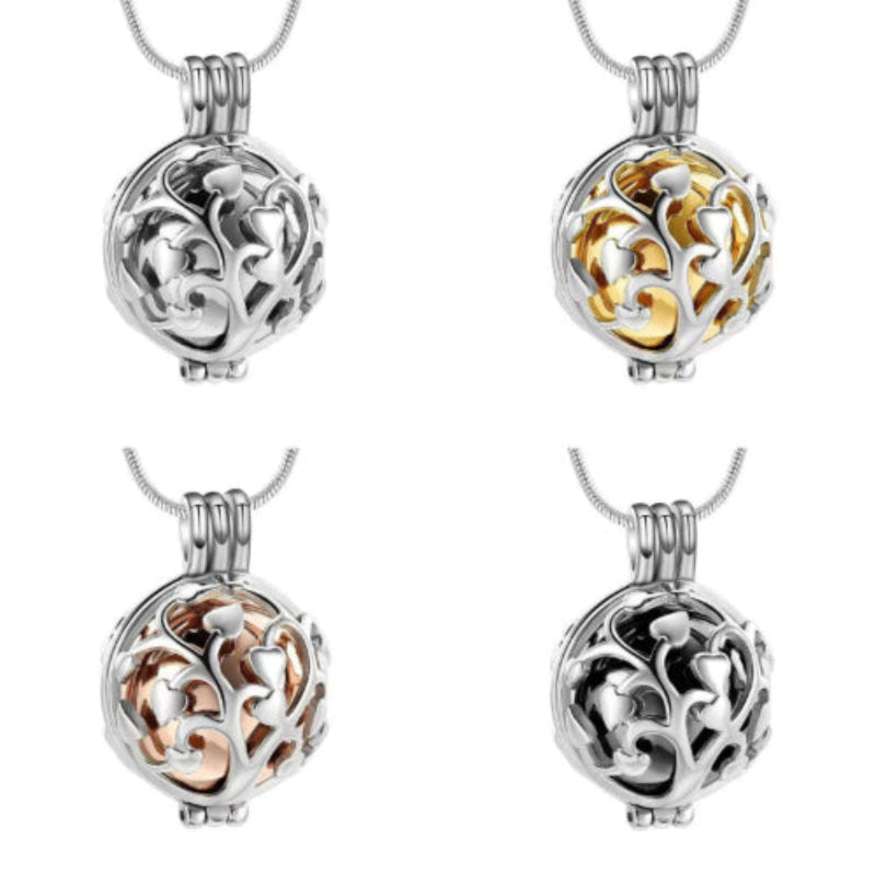 Four color options of Tree of Life hollow sphere urn necklace pendant on chain
