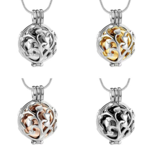 Four color options of Tree of Life hollow sphere urn necklace pendant on chain