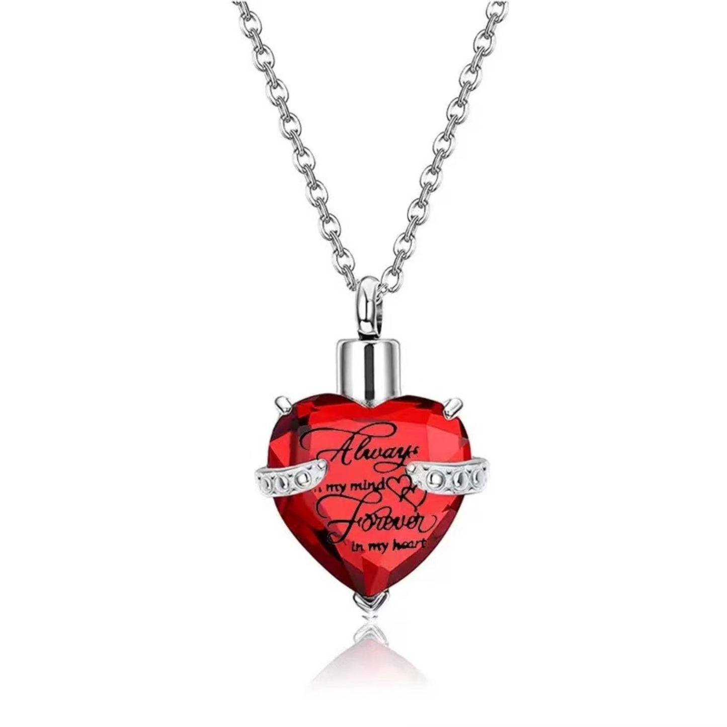 July： Birthstone heart crystal urn necklace pendant on chain, memorial keepsake jewelry for pet loss
