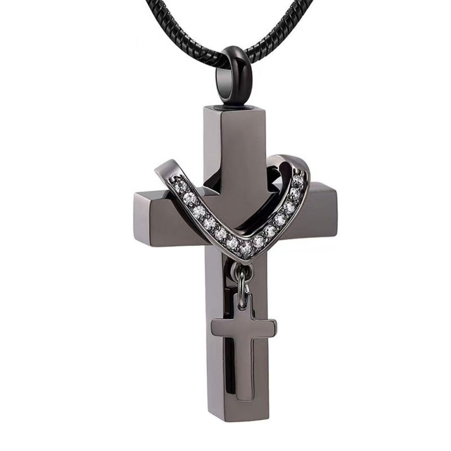 Black stainless steel cross urn necklace pendant on snake chain, front view product photo