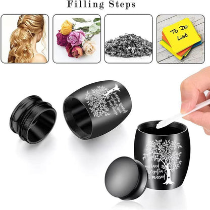 Filling steps showing threaded screw-top lid and how to place ashes, fur, hair, or a small note inside the mini urn